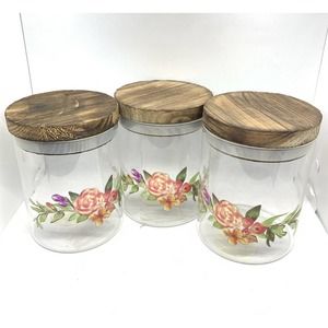 Ashland Glass Containers Wooden Lid Spring Easter Floral 4.75"x6.5" Lot of 3